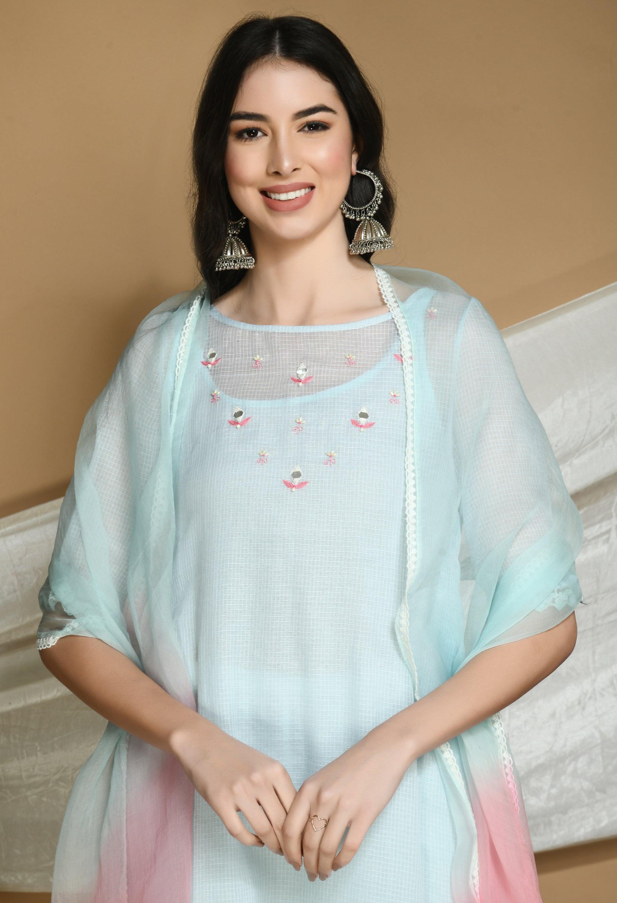 Powder Blue Kota Doria Kurta and cotton Pants Set