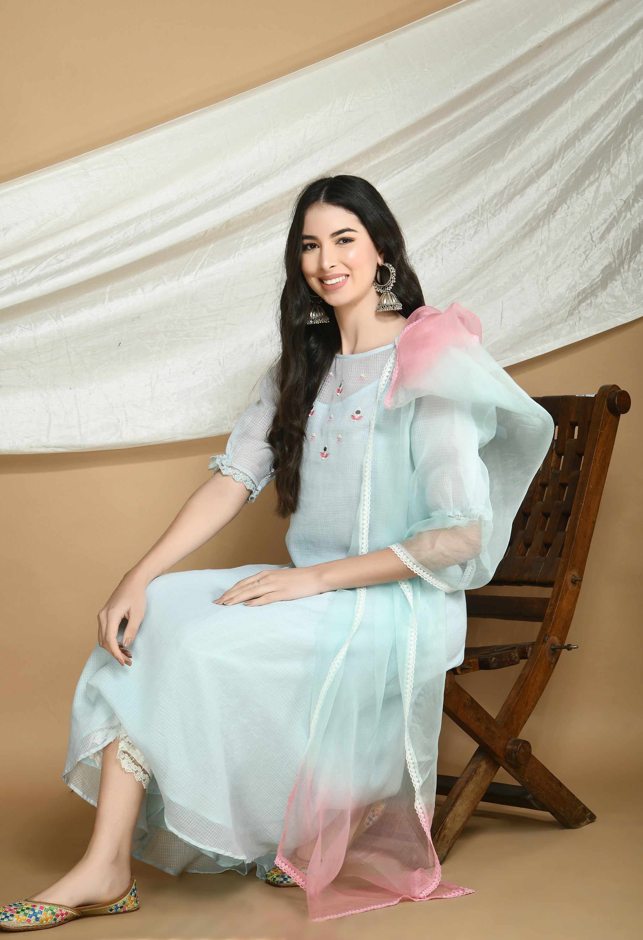 Powder Blue Kota Doria Kurta and cotton Pants Set