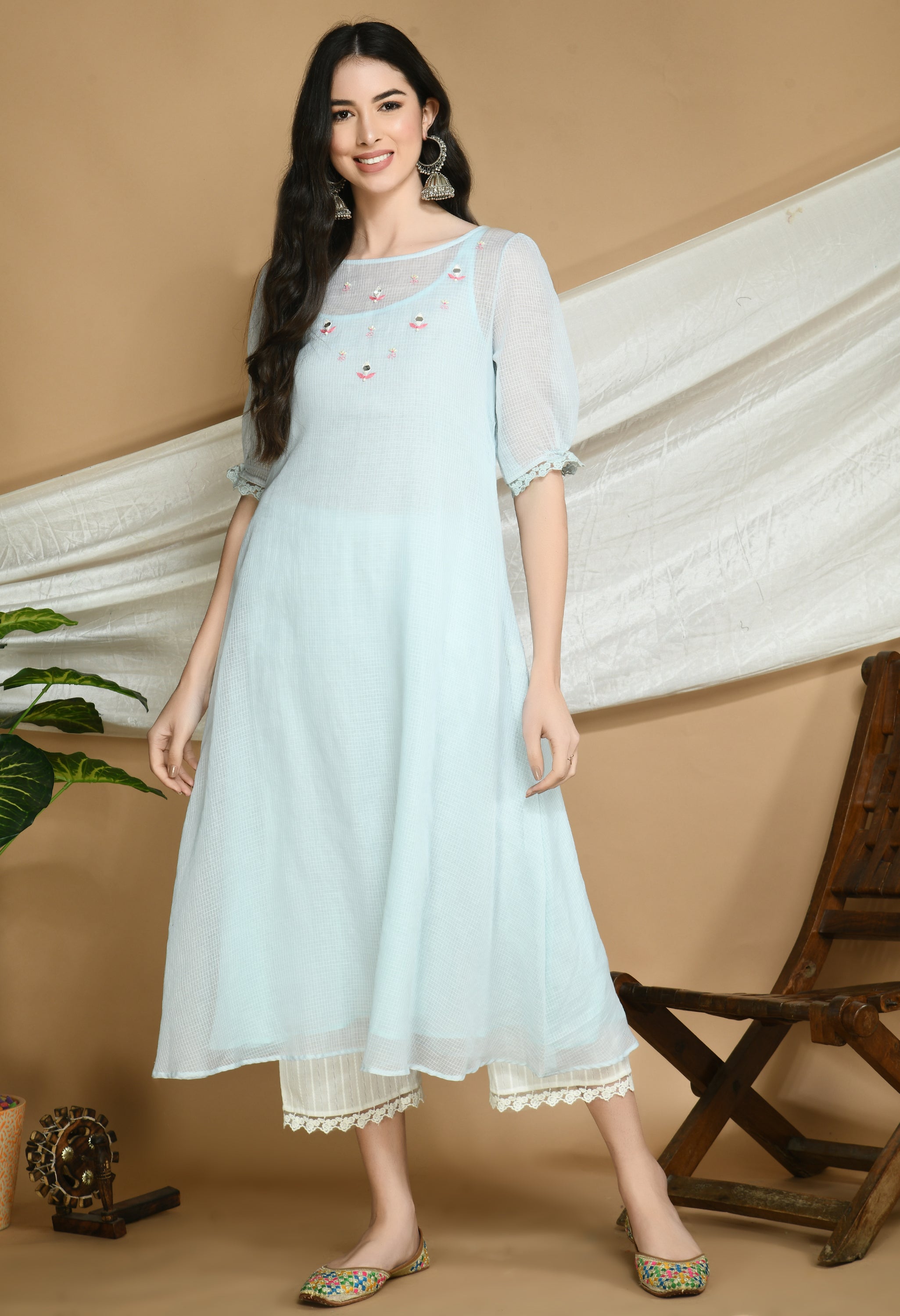 Powder Blue Kota Doria Kurta and cotton Pants Set