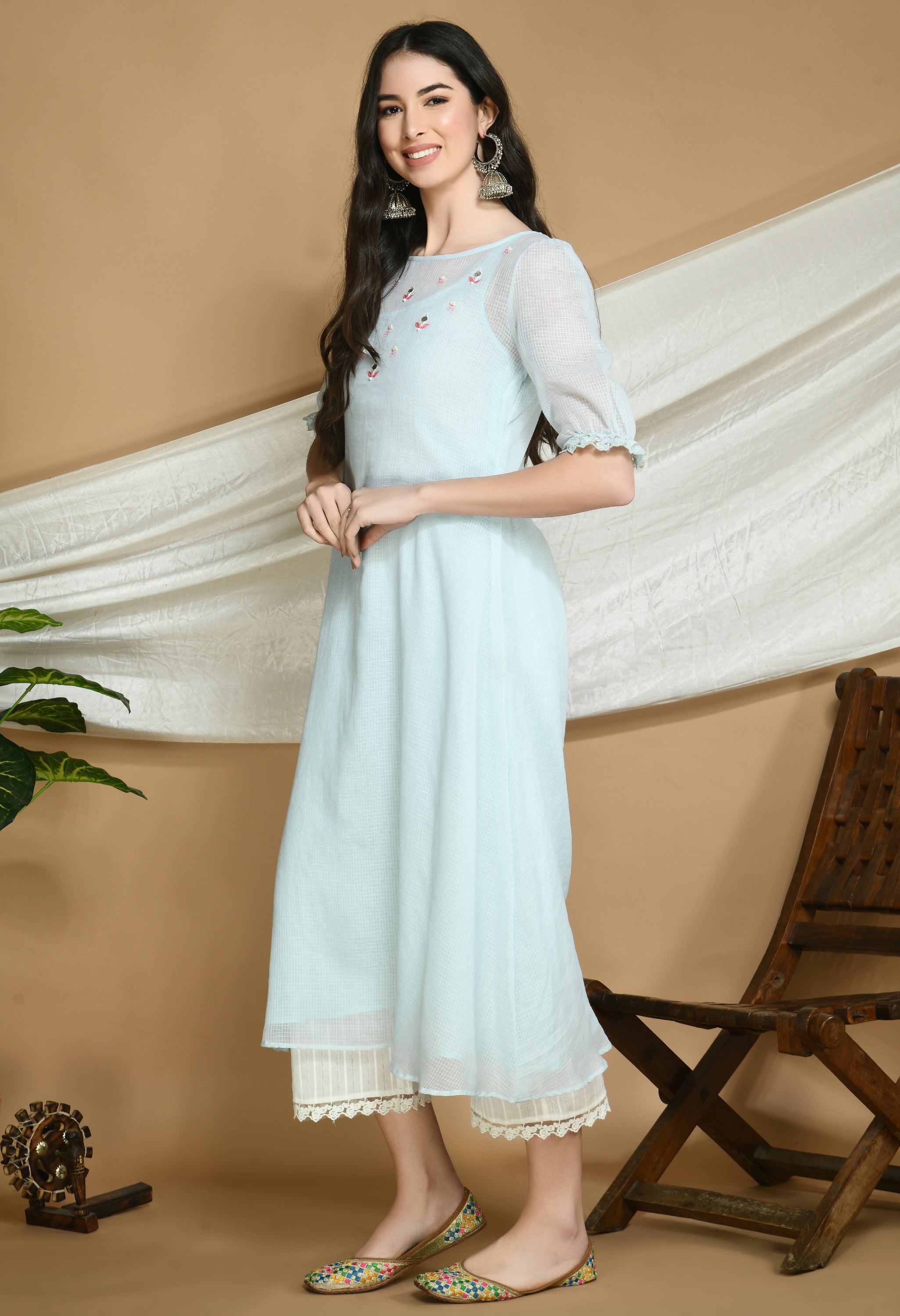 Powder Blue Kota Doria Kurta and cotton Pants Set