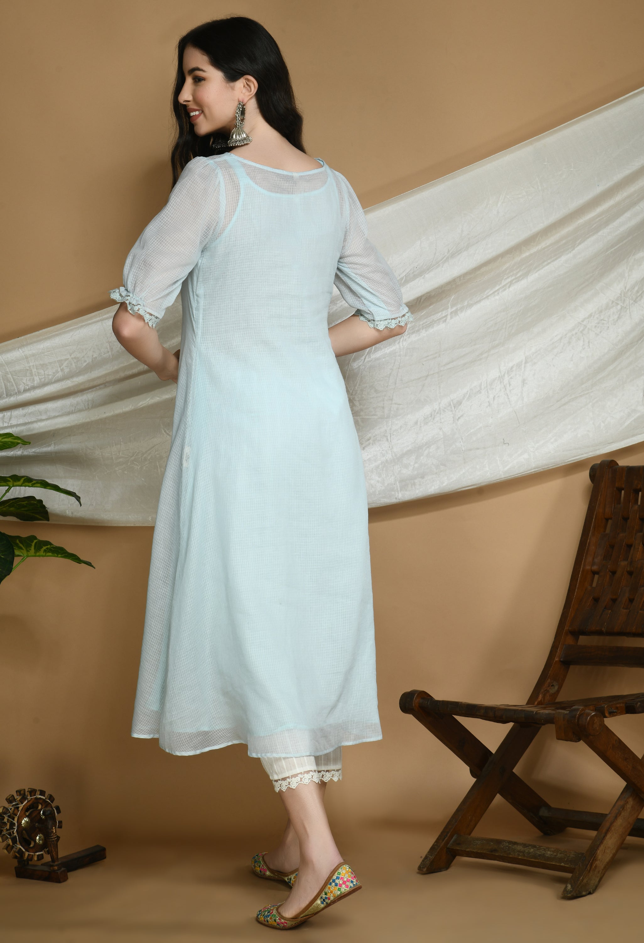 Powder Blue Kota Doria Kurta and cotton Pants Set