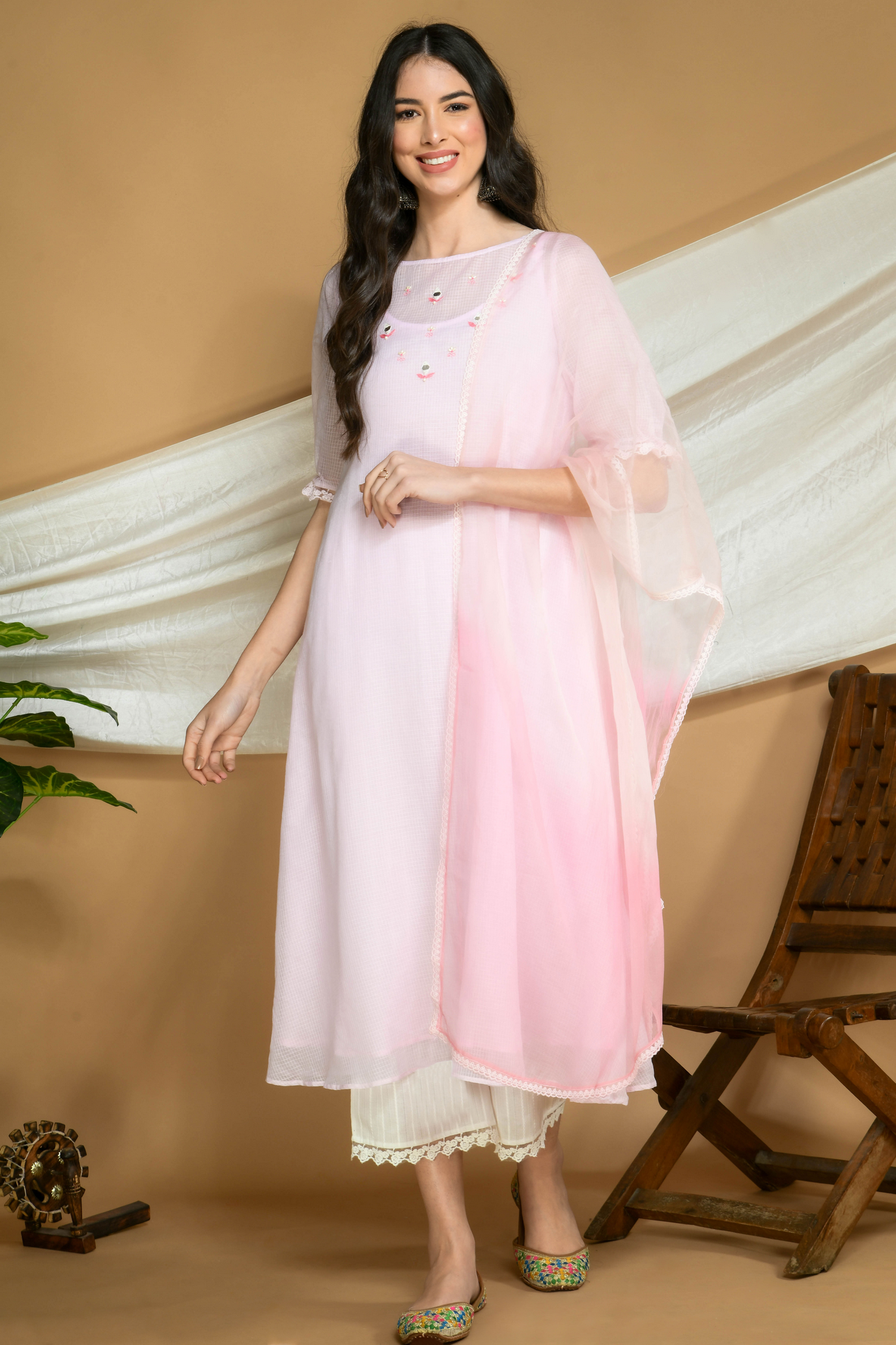 Powder Pink Kota Doria Kurta and cotton Pants Set