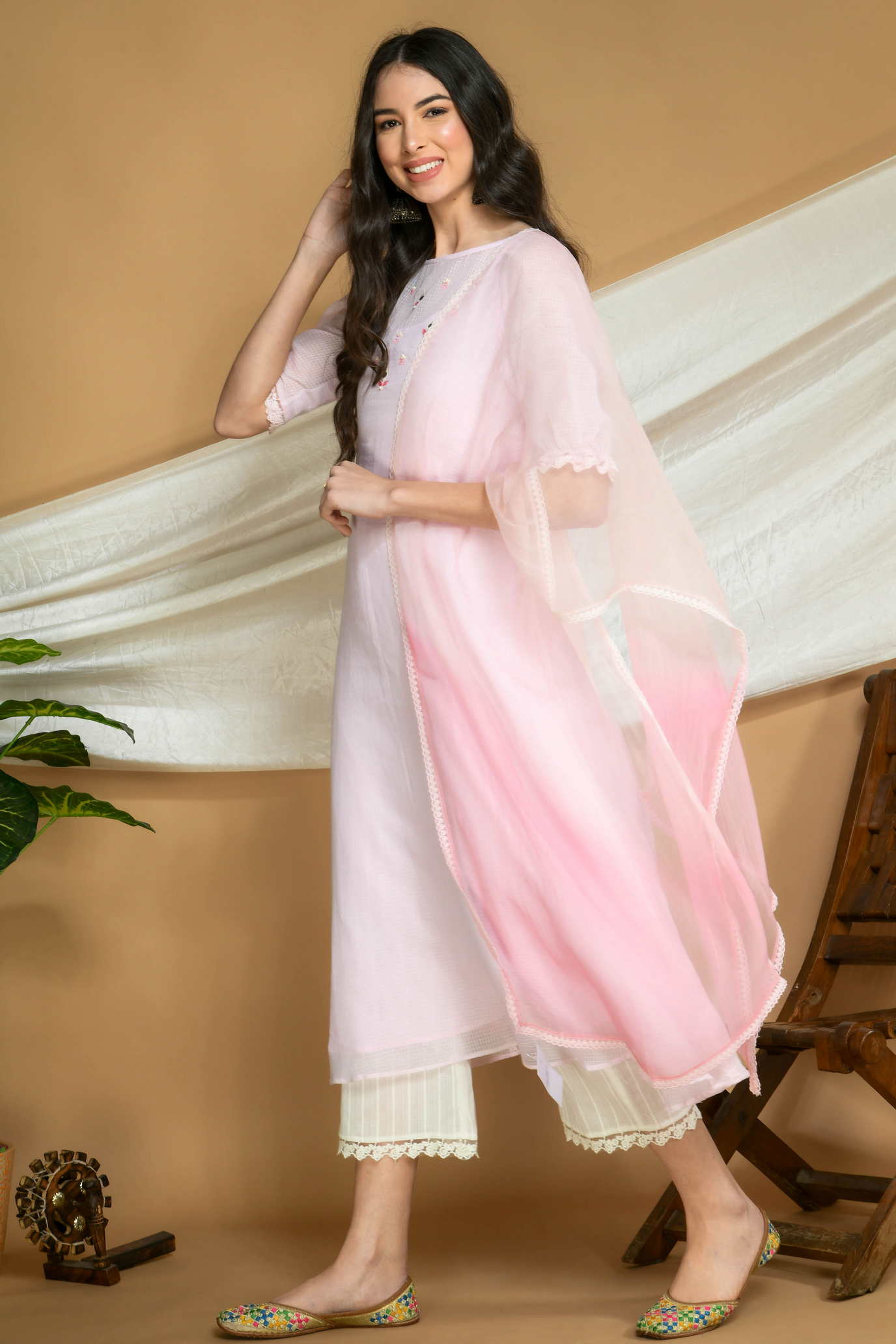 Powder Pink Kota Doria Kurta and cotton Pants Set