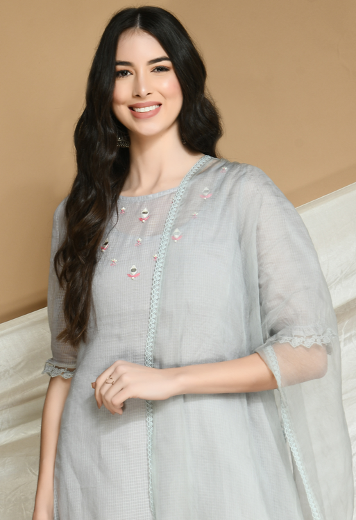 Slate Grey Kota Doria Kurta and cotton Pants Set