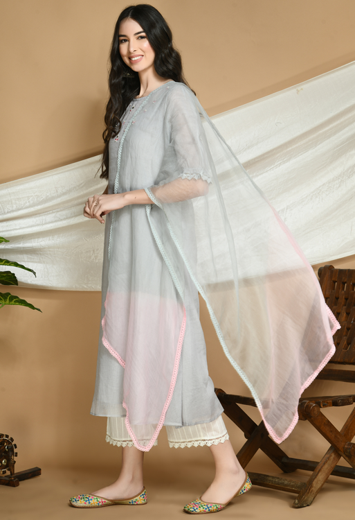 Slate Grey Kota Doria Kurta and cotton Pants Set