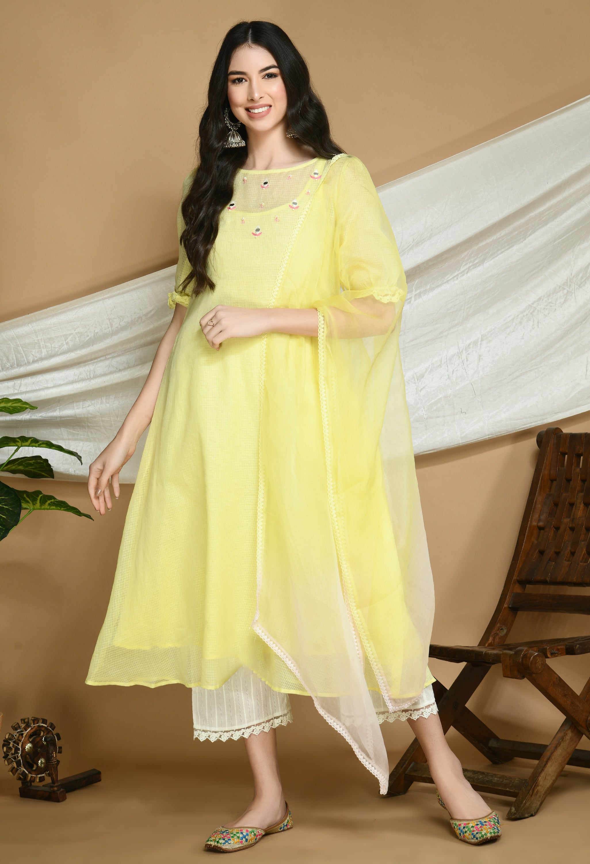 Yellow Kota Doria Kurta and cotton Pants Set