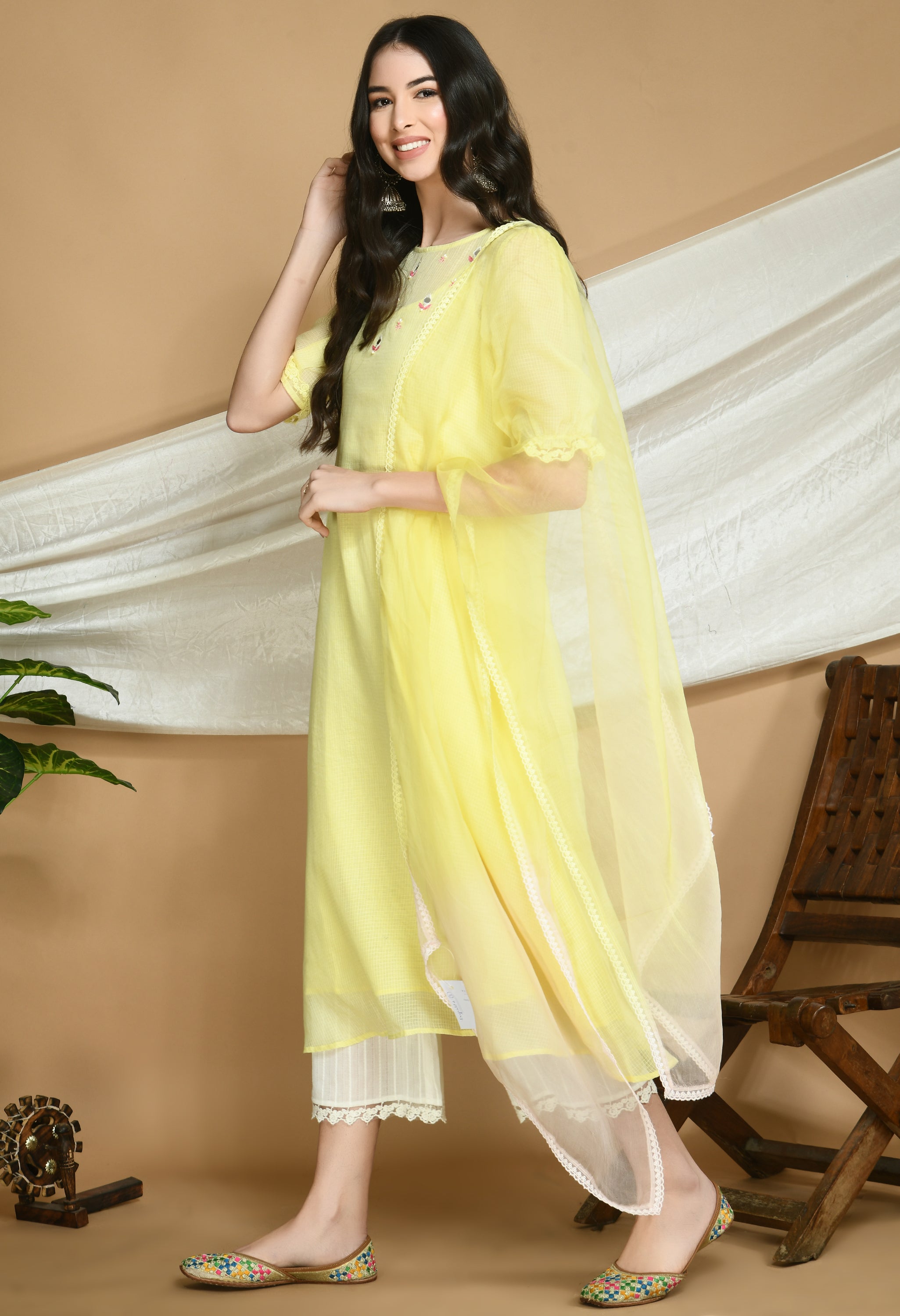 Yellow Kota Doria Kurta and cotton Pants Set