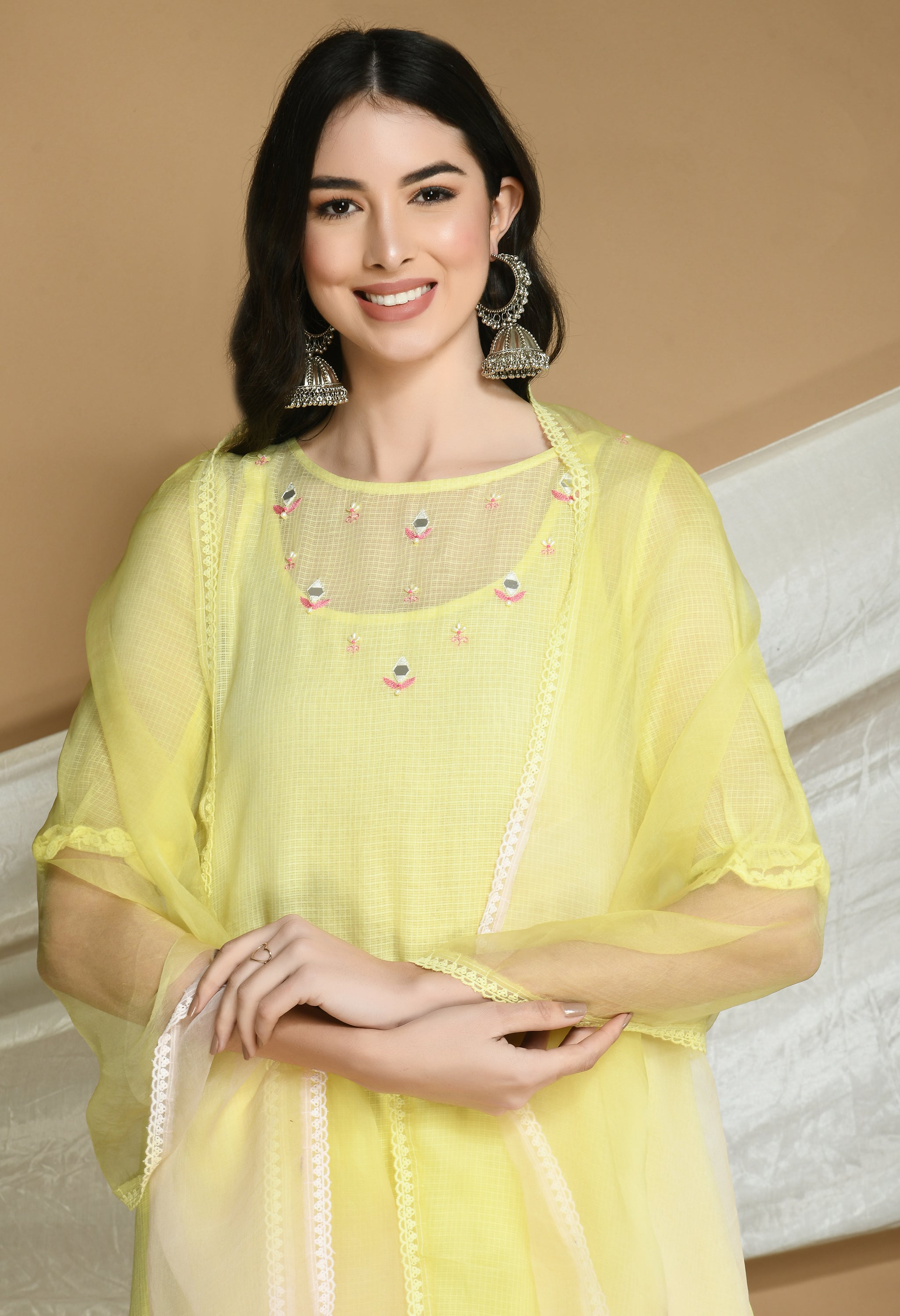 Yellow Kota Doria Kurta and cotton Pants Set