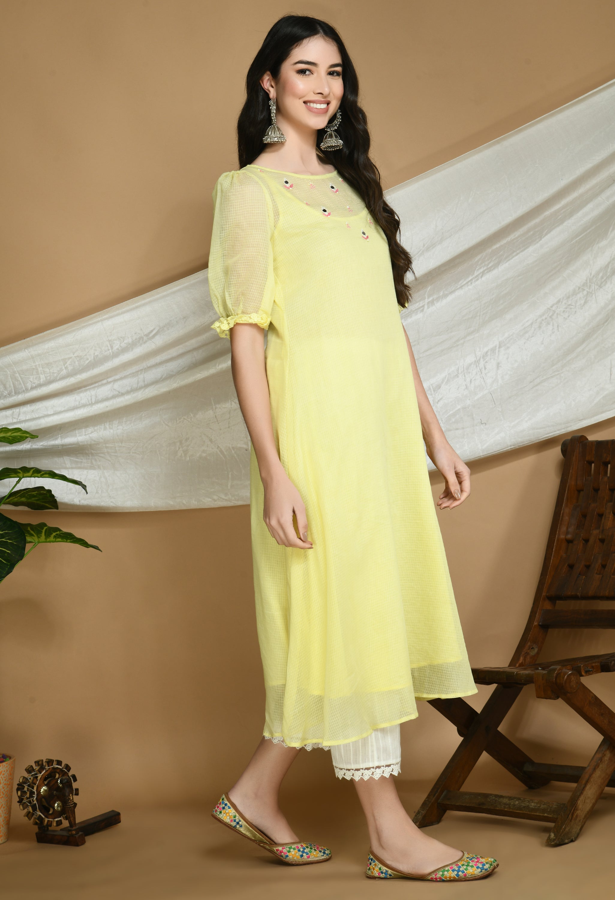 Yellow Kota Doria Kurta and cotton Pants Set