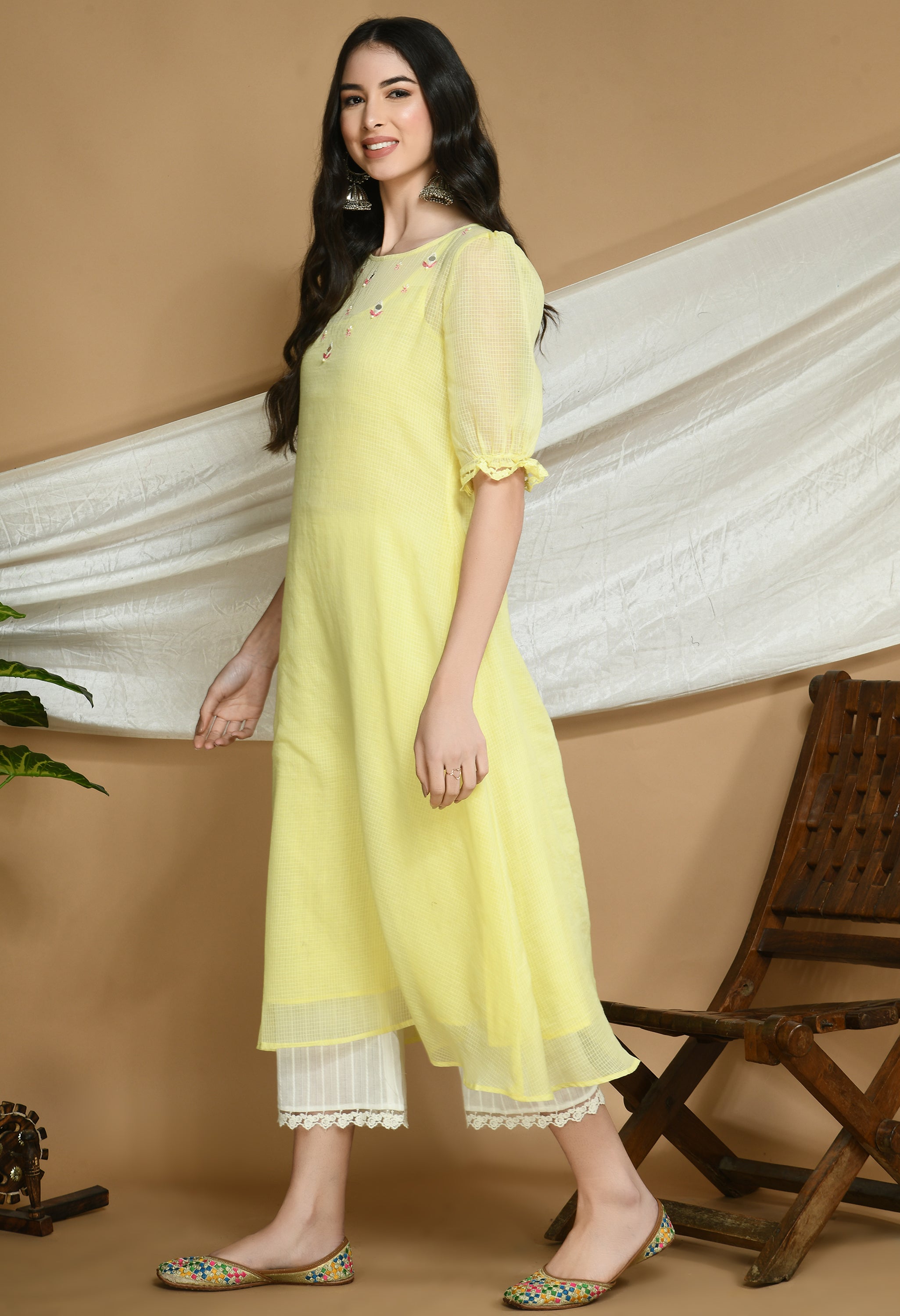 Yellow Kota Doria Kurta and cotton Pants Set