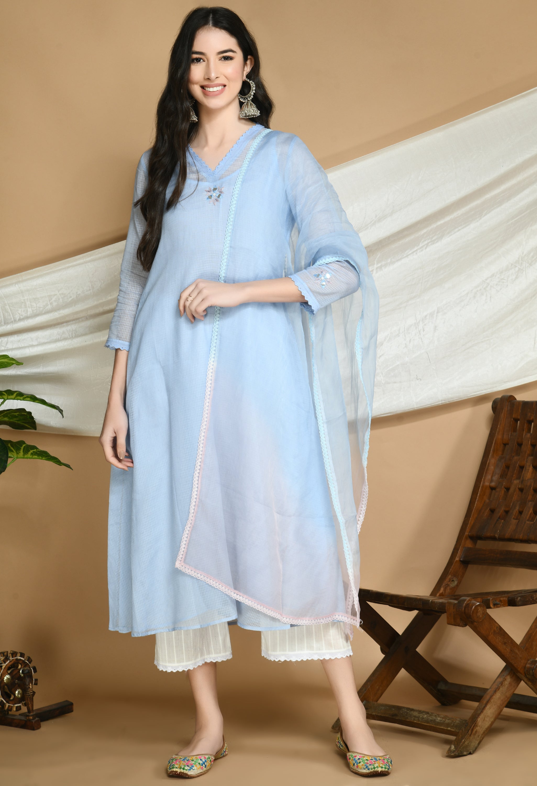 Frost Blue Kota Doria Kurta and cotton Pants Set