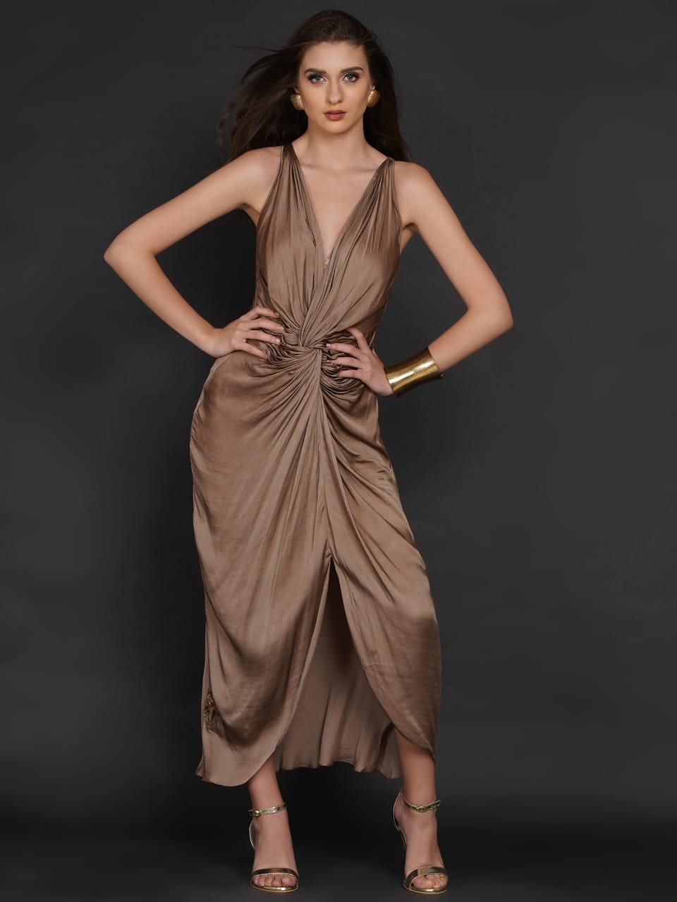 TAUPE FRONT TWIST DRESS