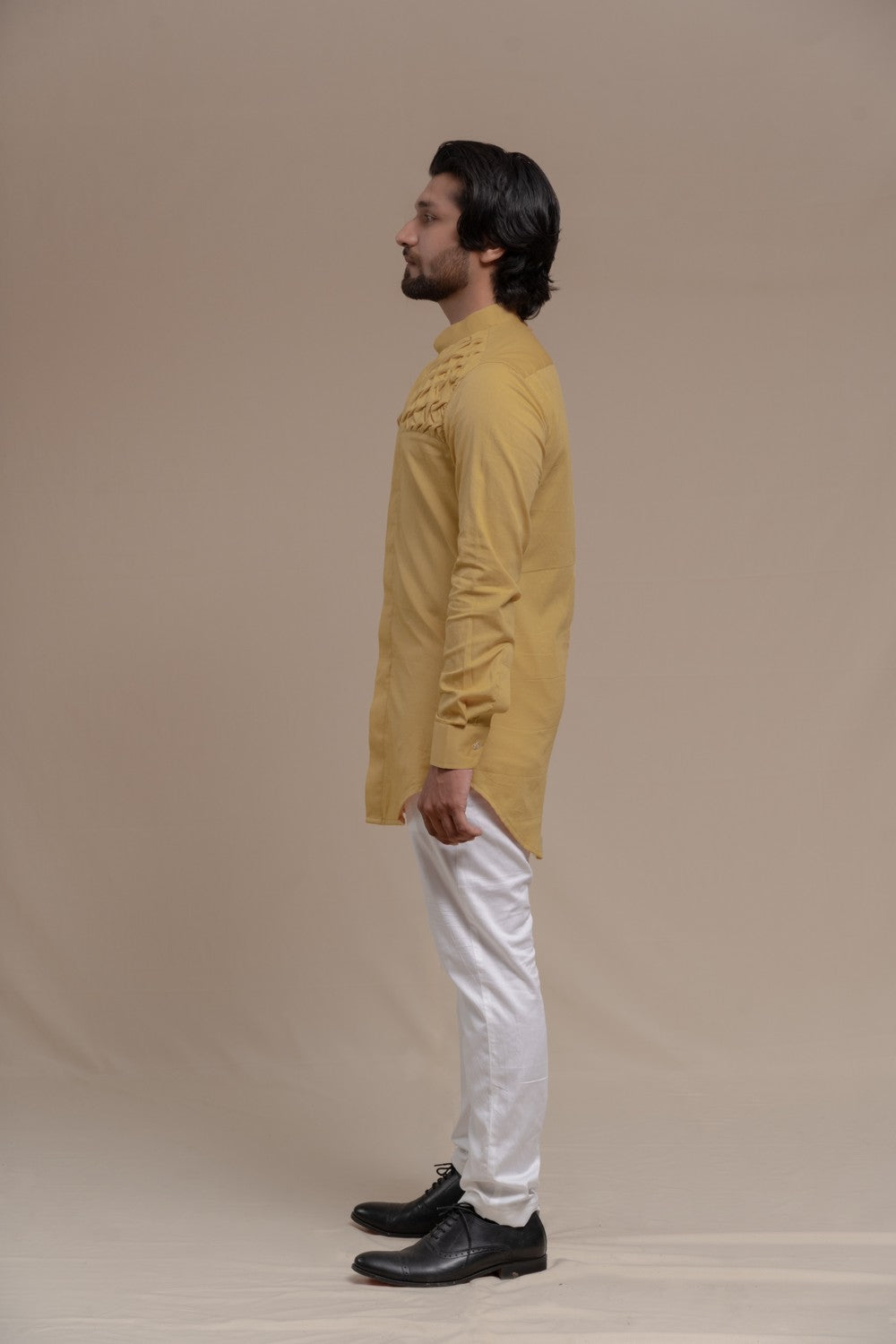 CREAM SMOCKING SHORT KURTA TUXEDO SHIRT