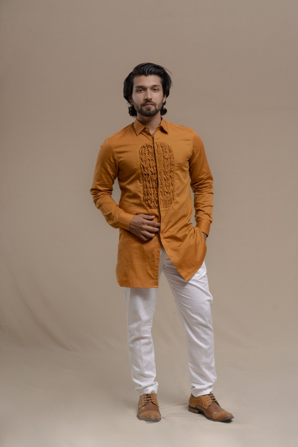 OCHRE SMOCKING SHORT KURTA TUXEDO SHIRT SET