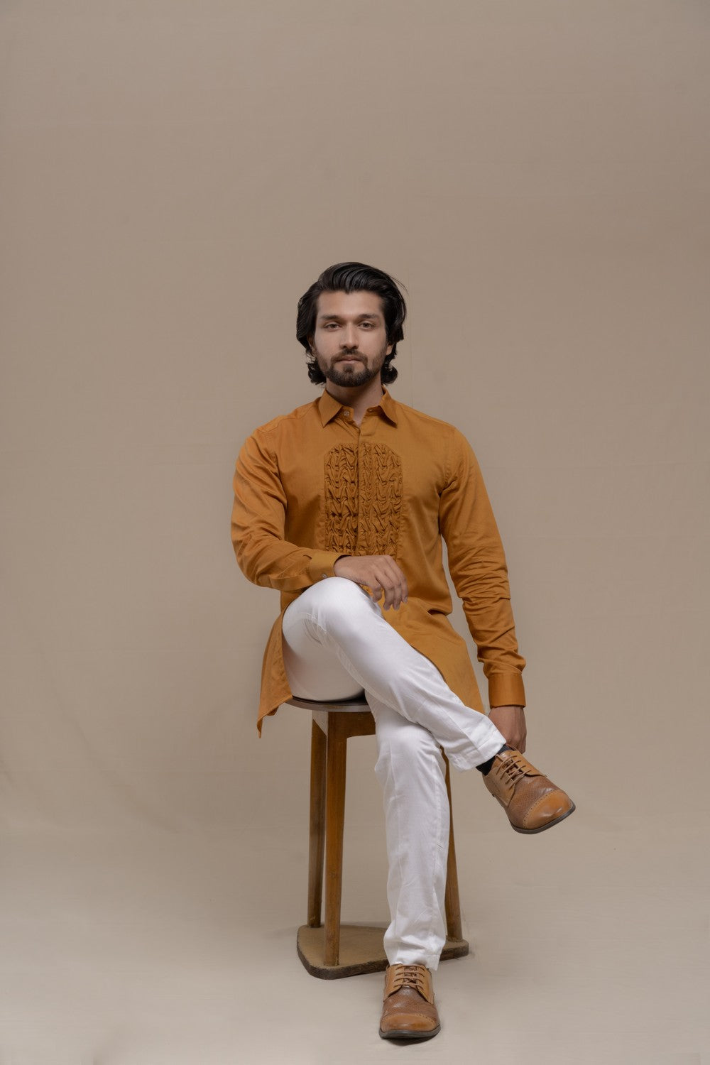 OCHRE SMOCKING SHORT KURTA TUXEDO SHIRT SET