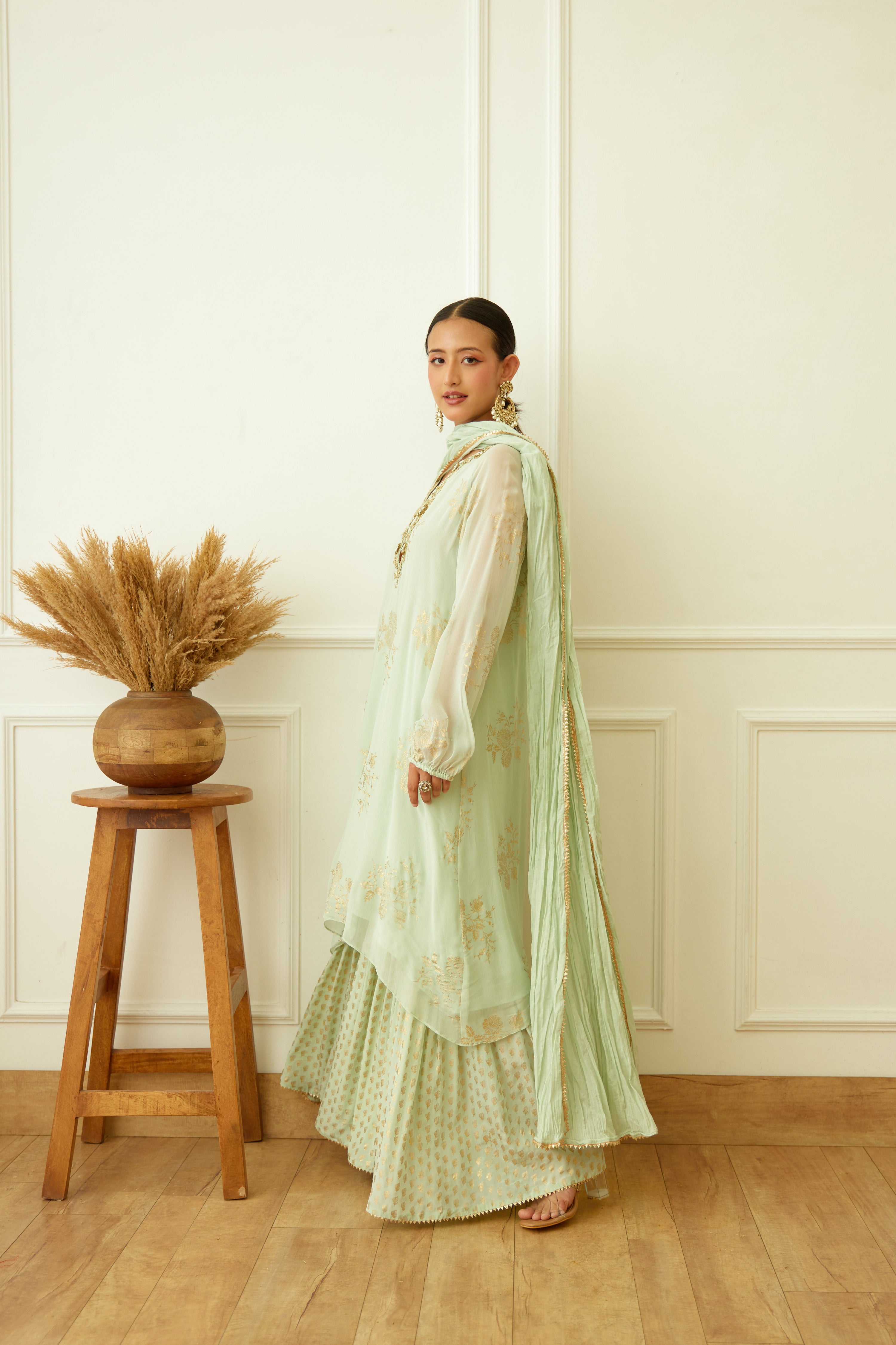 Mint Foil Embroidered Sharara Set