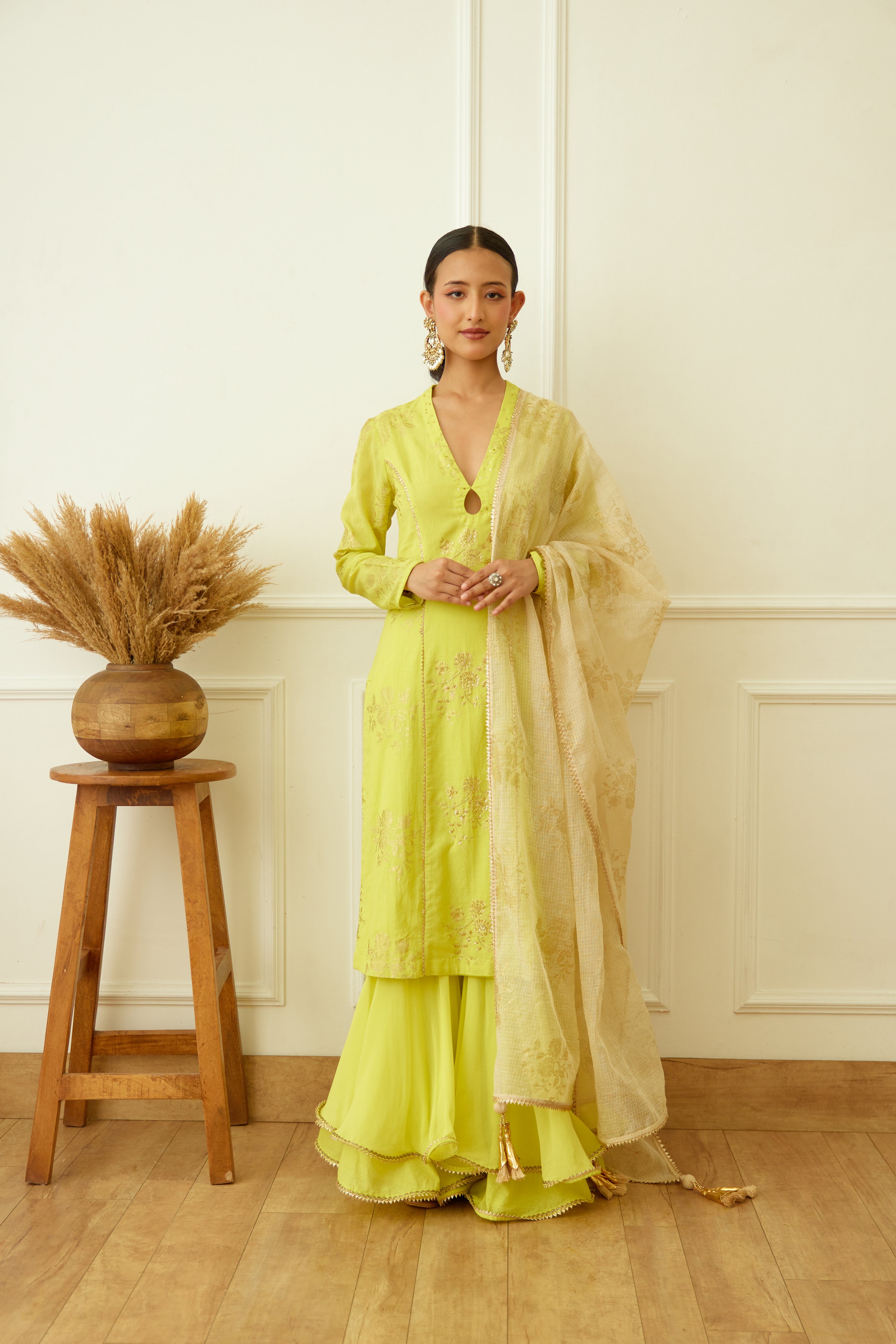 Lime Green Foil Embroidered Sharara Set