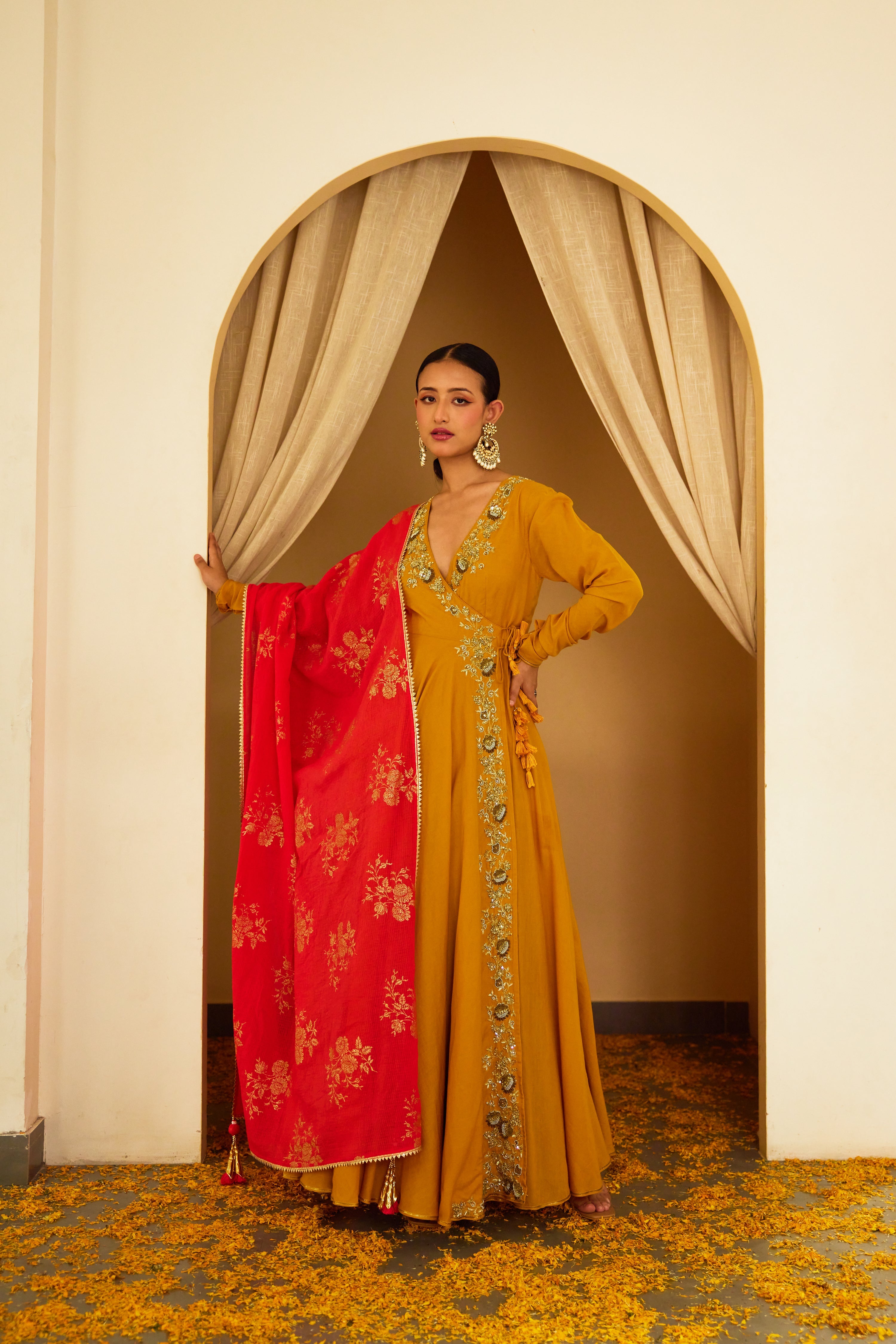 Ochre Embroidered Angrakha Set