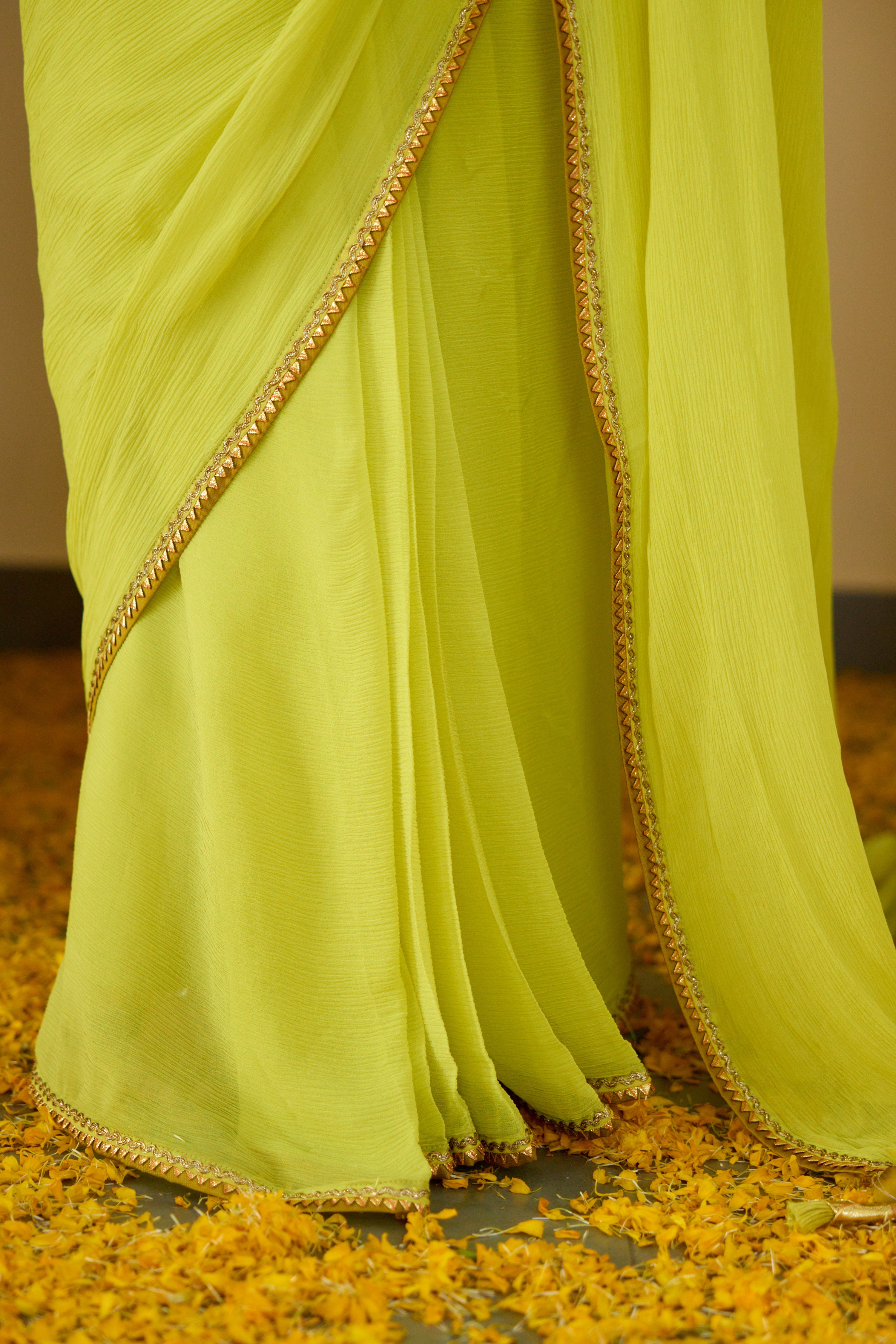 Lime Green Pure Silk Chiffon Saree